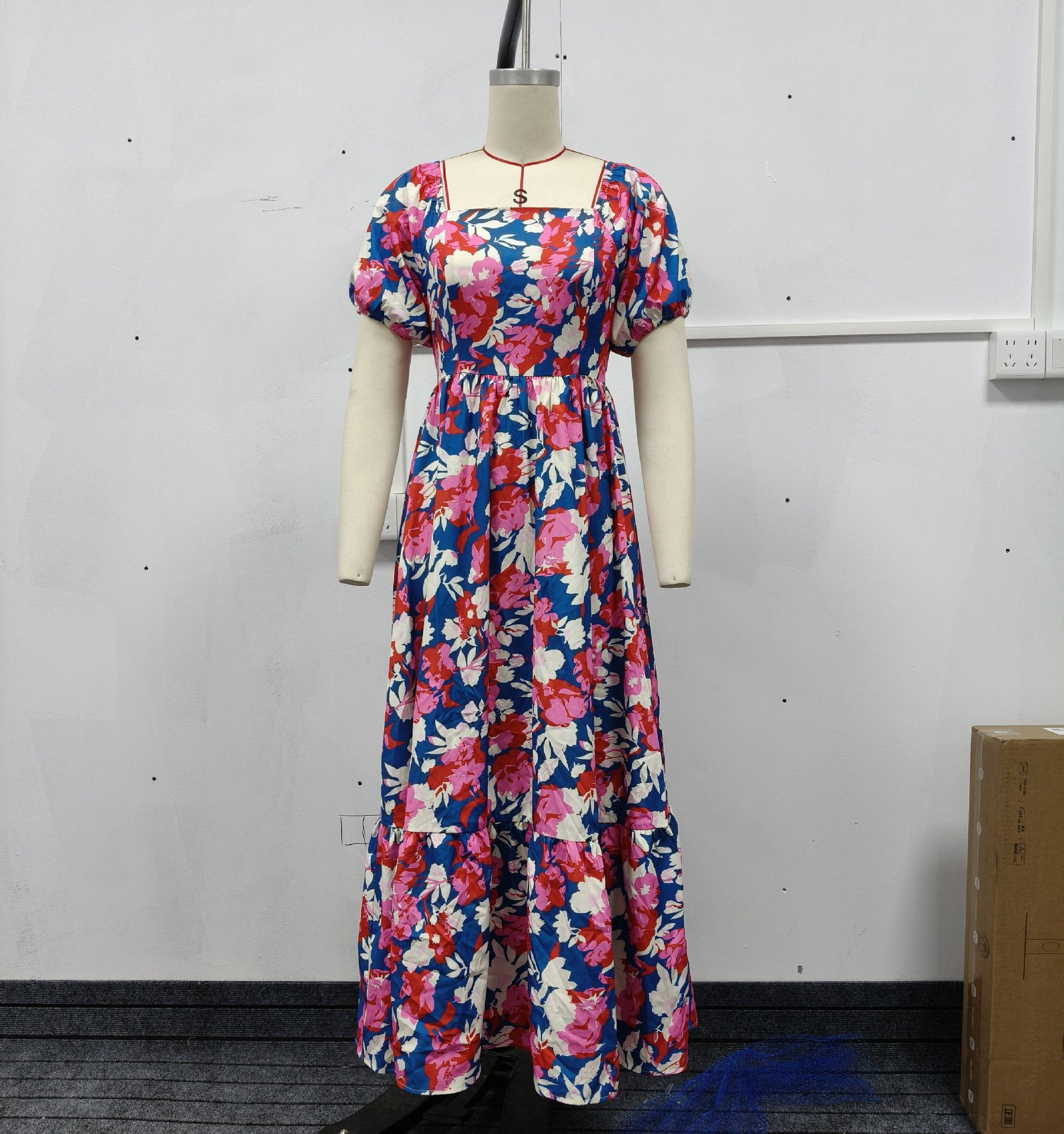 AliExpress Cross-Border Amazon New Beach Vacation Style Puff Sleeve Dress Women's European and American Floral Print High Waist