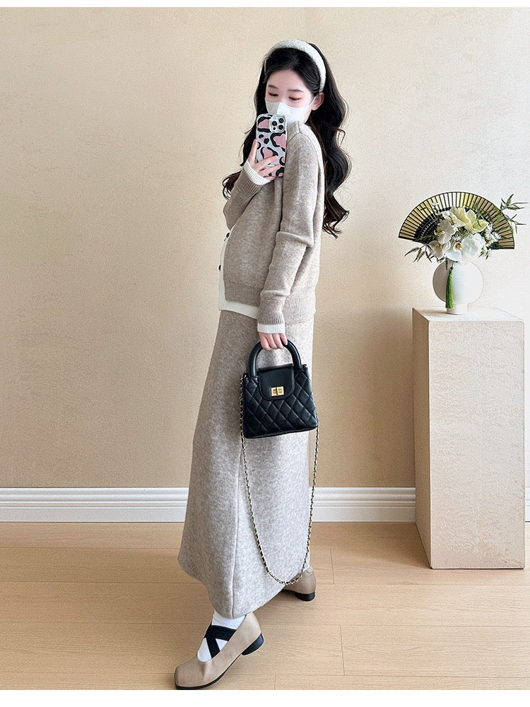 Pregnant women autumn and winter fashion new contrast color stitching knitted sweater + mid-length skirt temperament slim two-piece set