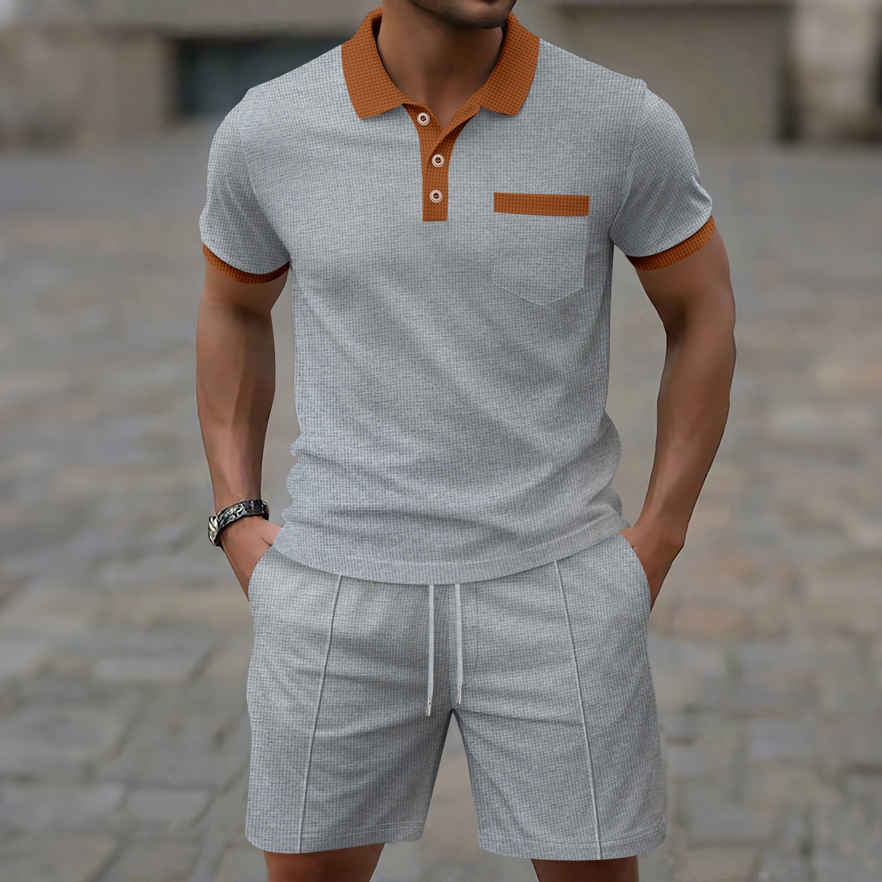 Amazon Cross-Border Summer New Men's Waffle Lapel Color-Blocked Chest Pocket Button Short-Sleeved Shorts Suit