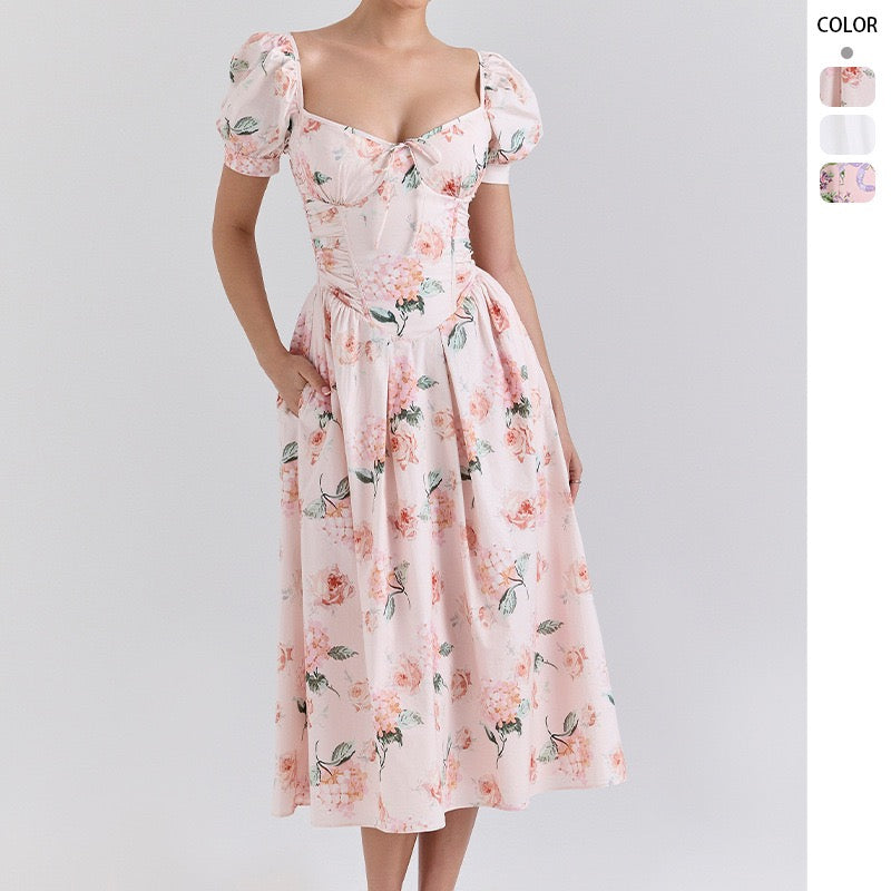 2026 Cross-Border Spring and Summer New Amazon Cross-Border European and American Dresses, Artistic French-Style Fresh Print Fashion Women's Clothing