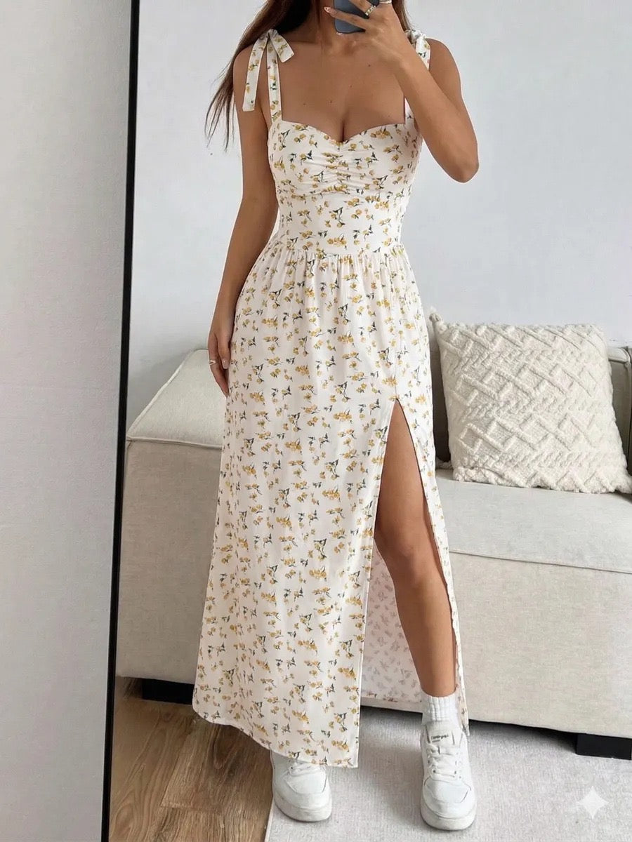 2026 European and American style women's floral print sundress with tie, low-cut V-neck, and slit, elegant and sophisticated