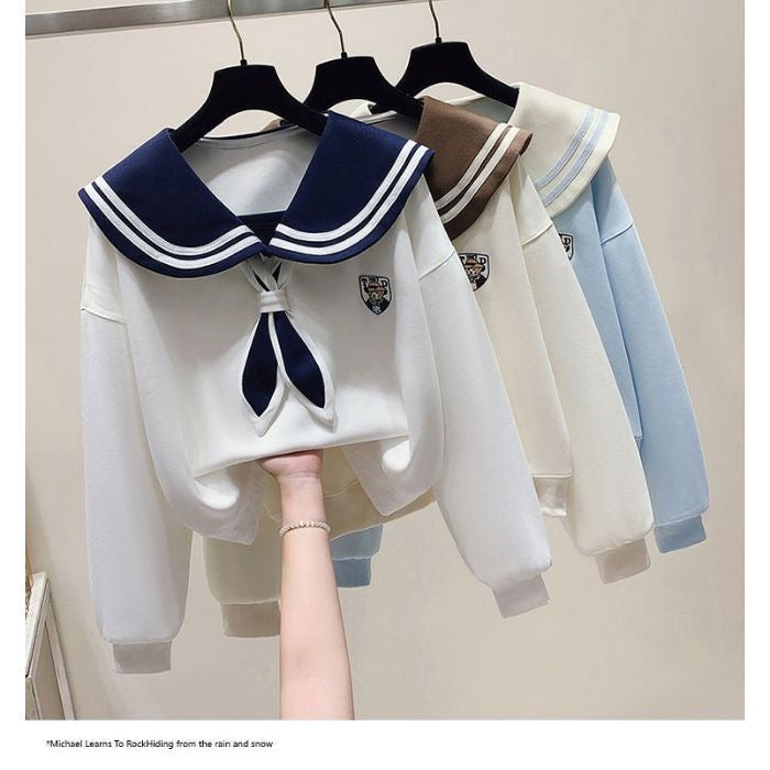 Fashion suit #contrast navy collar fake two-piece loose slim top with designer pocket casual pants