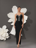 In Stock | Sexy European and American Style Women's Dress with Heavy Rhinestone Embellished Off-Shoulder Strapless Dress, Slim Fit, Elegant Slit Evening Gown