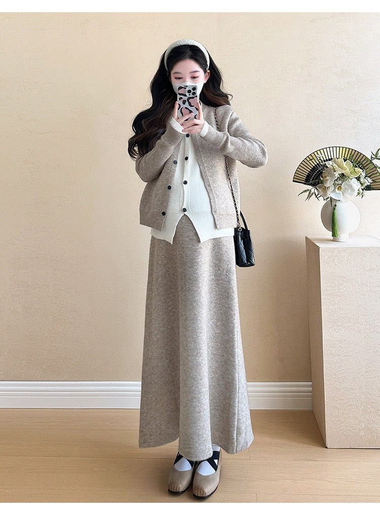Pregnant women autumn and winter fashion new contrast color stitching knitted sweater + mid-length skirt temperament slim two-piece set