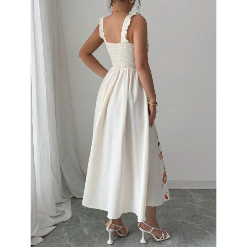 Amazon European and American Cross-Border New French-Style Waist-Cinching Elegant Floral Print Square-Neck Sleeveless Dress