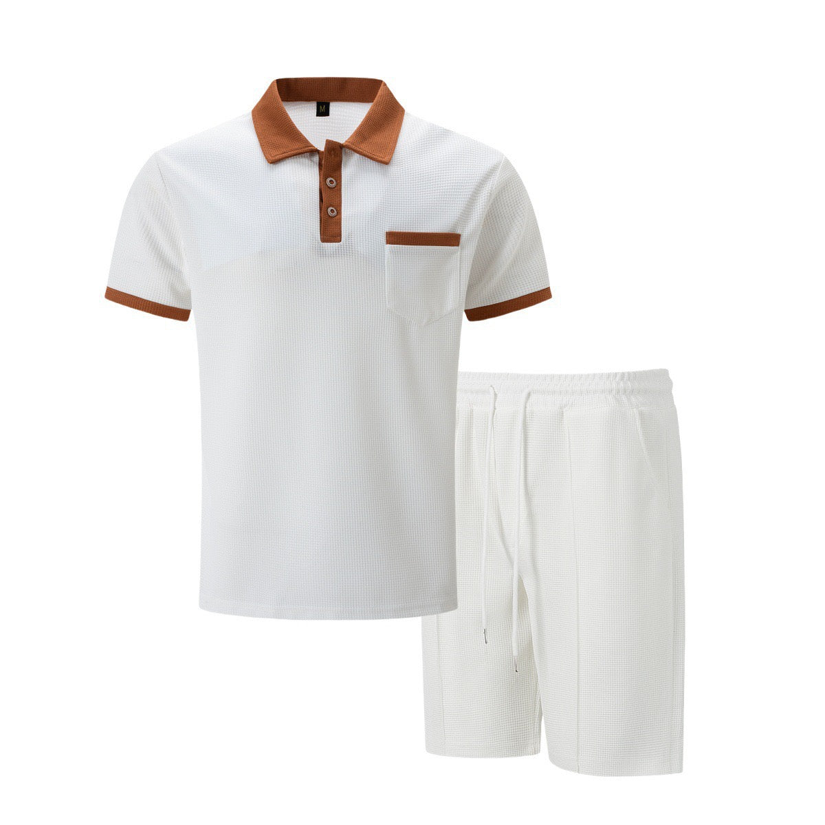 Amazon Cross-Border Summer New Men's Waffle Lapel Color-Blocked Chest Pocket Button Short-Sleeved Shorts Suit
