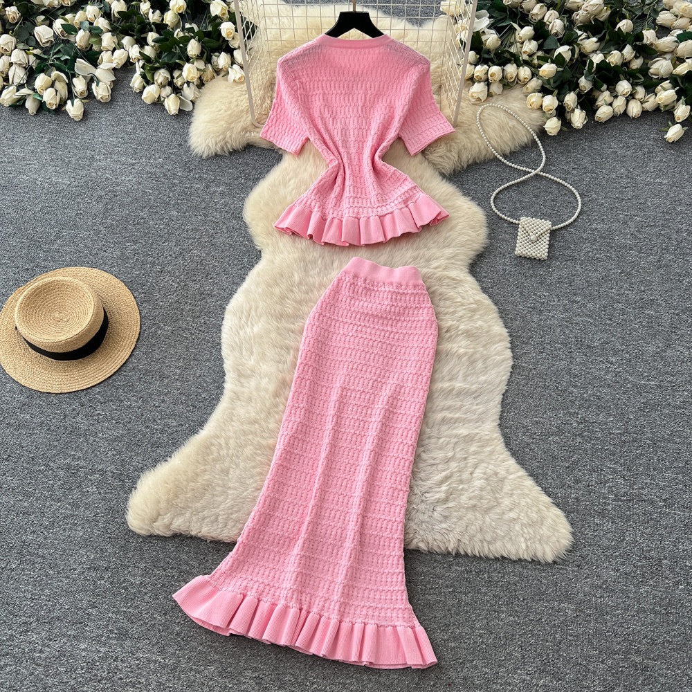 Korean-Style Knitted Ruffled Slim-Fit Two-Piece Set for Women, Summer Slim-Fit, Mature and Elegant Style, Workwear Outfit