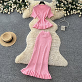 Korean-Style Knitted Ruffled Slim-Fit Two-Piece Set for Women, Summer Slim-Fit, Mature and Elegant Style, Workwear Outfit