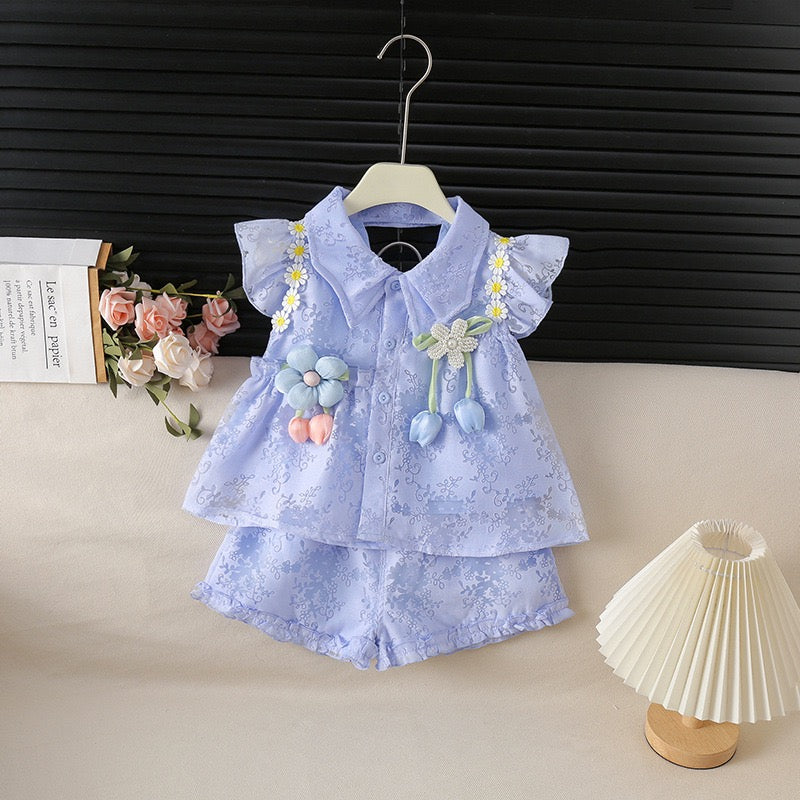 2-Piece Korean Style Single-Breasted Floral Lightweight Summer Dress Set for Girls with Delicate Flutter Sleeves