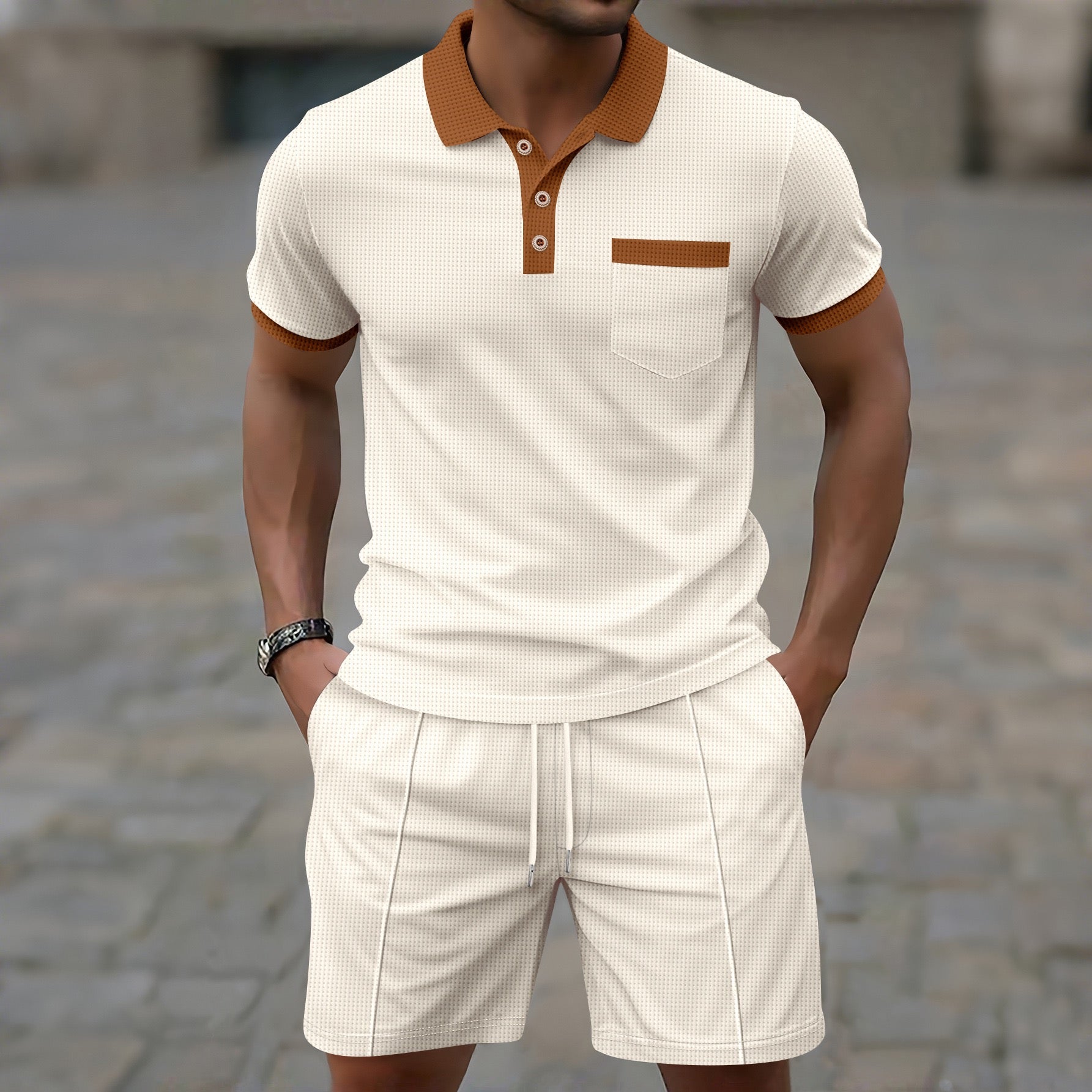Amazon Cross-Border Summer New Men's Waffle Lapel Color-Blocked Chest Pocket Button Short-Sleeved Shorts Suit