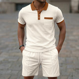 Amazon Cross-Border Summer New Men's Waffle Lapel Color-Blocked Chest Pocket Button Short-Sleeved Shorts Suit