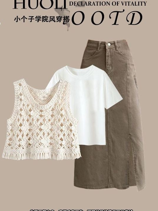 Summer fashion suit for women 2023 new style college style slightly fat and thin vest short-sleeved denim skirt two-piece suit