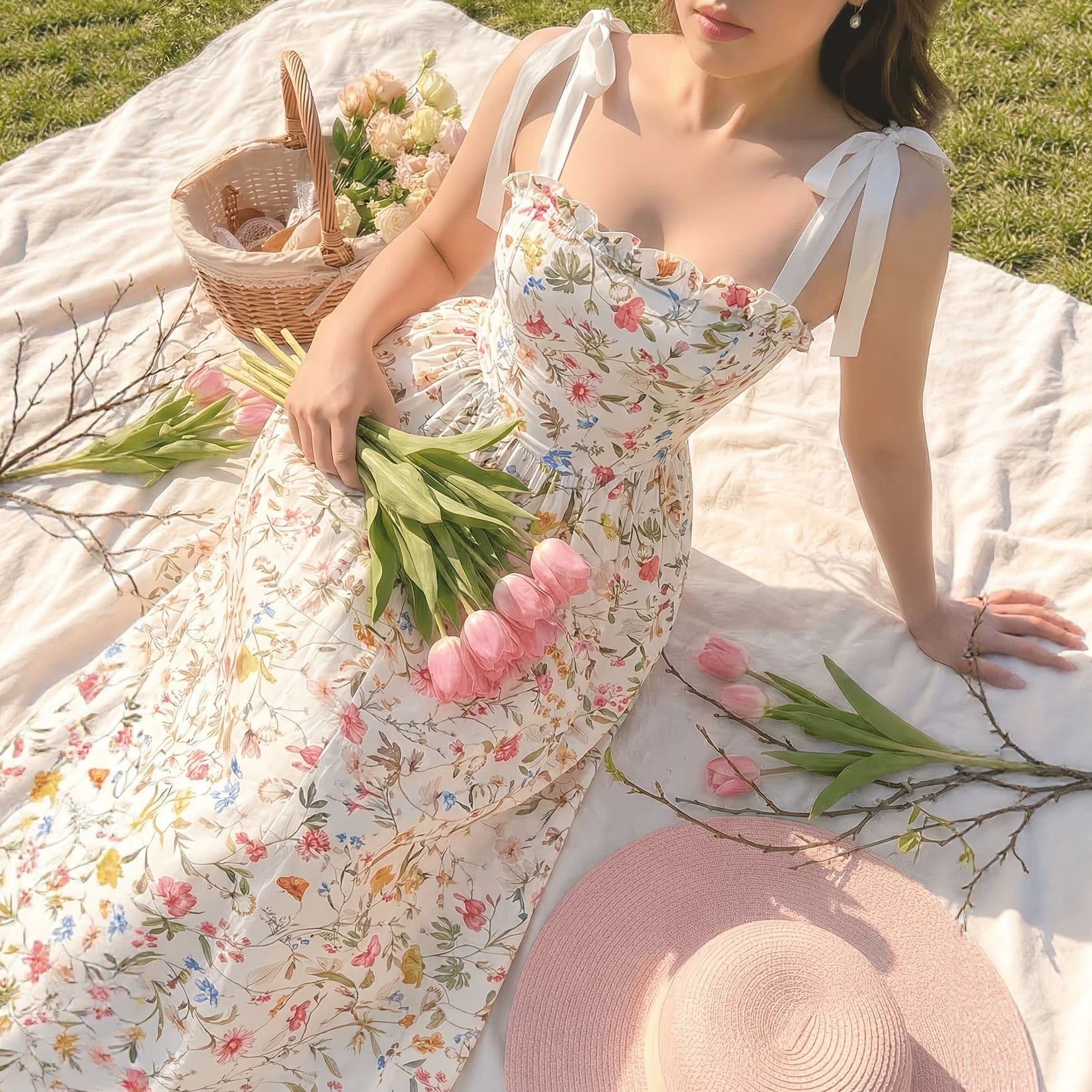 Sweet Floral Suspender Dress with Tie Straps, Waist-Cinching and Slimming Effect, Bow Shoulder Straps, Princess Dress, Elegant Retro Pastoral Style offer