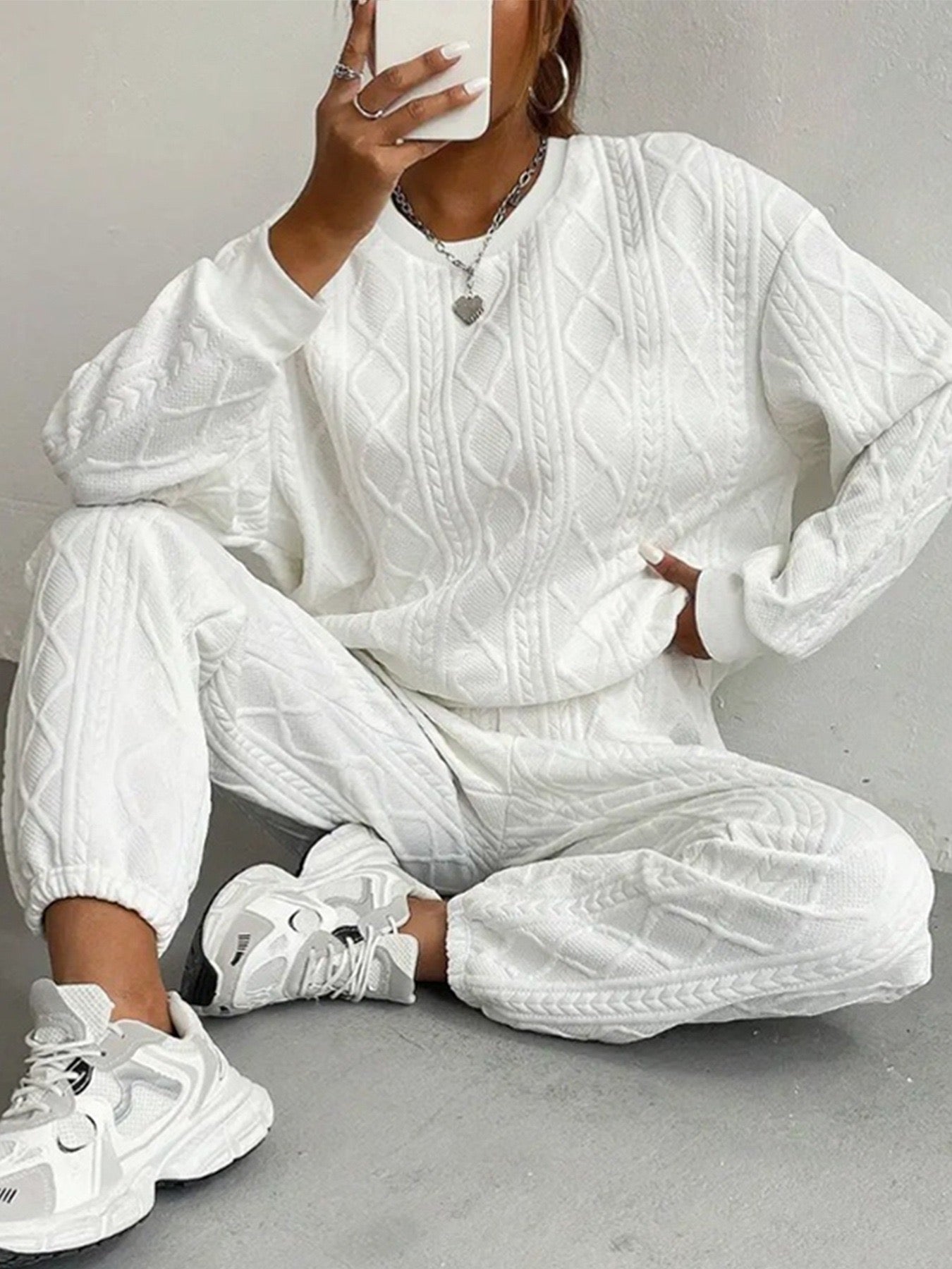 2025 Spring and Autumn Cross-border European and American New Women's Clothing Twist Splicing Long Sleeve Round Neck Top Cuffed Trousers Two-piece Set