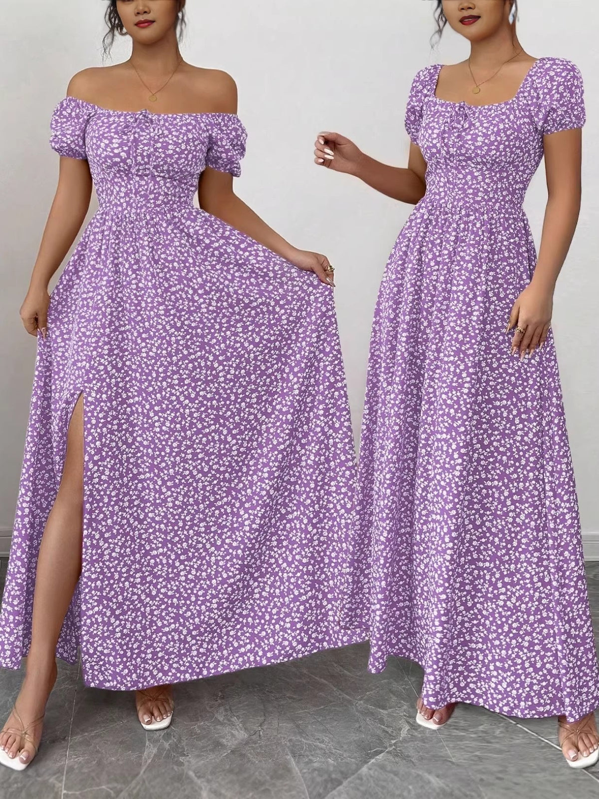 European and American Style Cross-Border Square Neck Puff Sleeve Floral Long Dress for Export