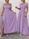 European and American Style Cross-Border Square Neck Puff Sleeve Floral Long Dress for Export