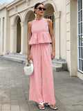 2026 European and American Fashion Casual Two-Piece Set with Sleeveless Round-Neck Ruffled Hem Top and High-Waisted Straight-Leg Pants
