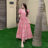 Plus Size Korean Style Holiday Style Small Fresh Square Neck Short-Sleeved Floral Dress for Women 2024 Summer Waist Slimming Look Long Skir