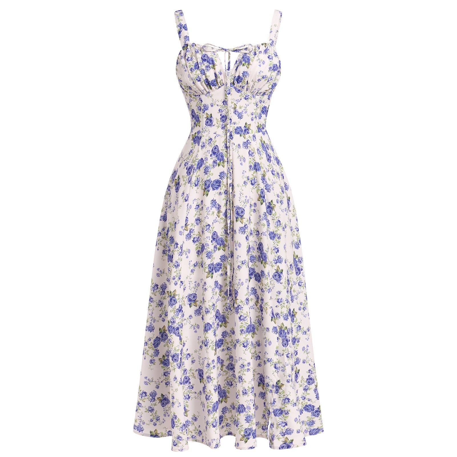 Printed Spaghetti Strap Dress with Corset Waist, Elegant Vintage Style, Wide Hem, Trendy Bestseller on Amazon