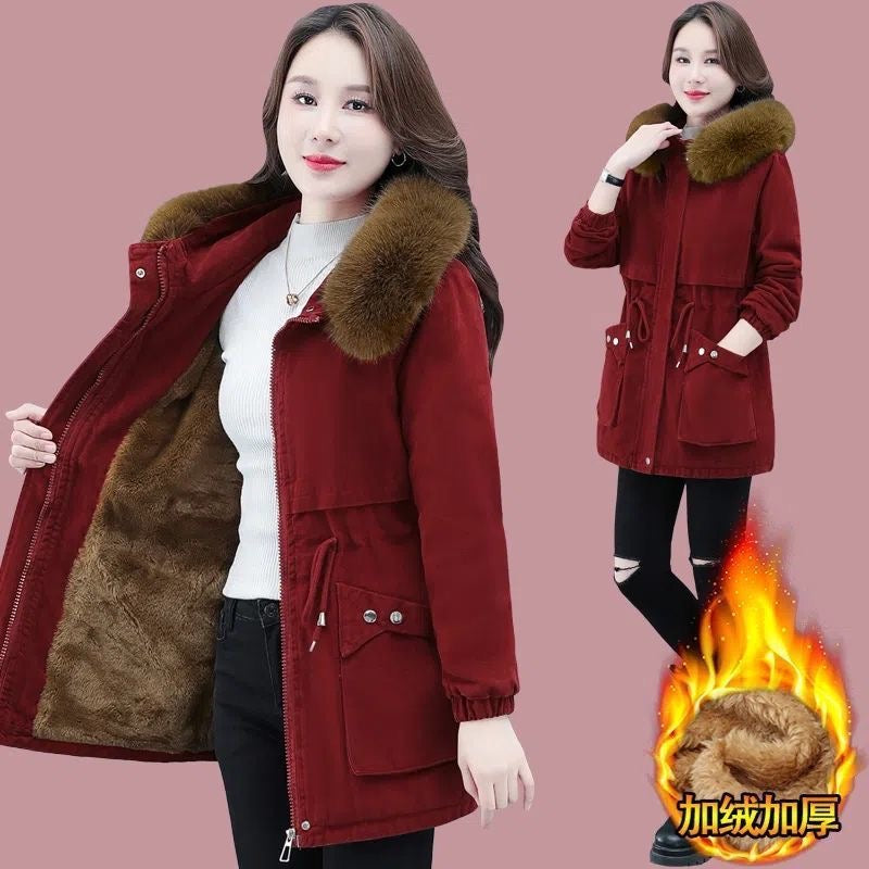 Cotton coat young mother winter parka mid-length new women's loose plus velvet lamb down thickened coat