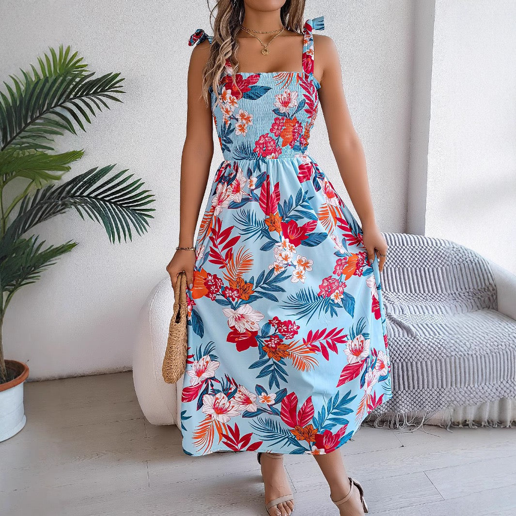 2025 European and American Floral Lace-Up Waist-Cinching Backless Slip Dress for Women, Retro Artistic Style, Long Dress for Vacation and Beach