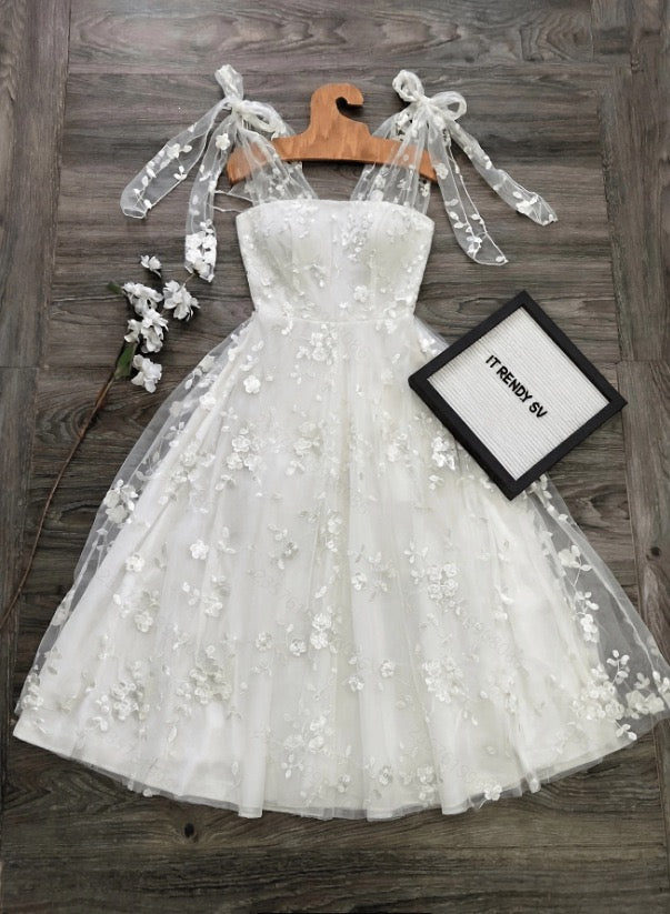 Women's New Summer Elegant and Romantic Midi Dress with Mesh Embroidery Fabric, Tie Waist, and Fitted Waist