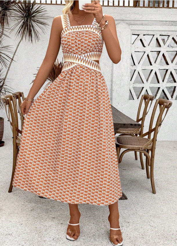 2025 Summer New Style Tube Top Backless Suspender Dress Retro Printed Long Skirt Cross-Border Foreign Trade Amazon Style for Women