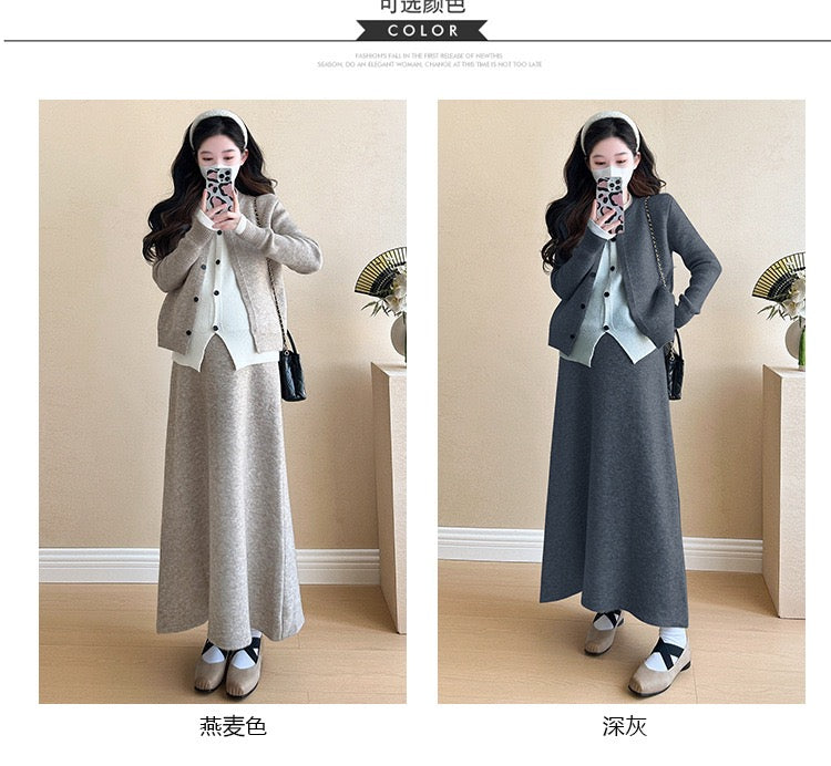 Pregnant women autumn and winter fashion new contrast color stitching knitted sweater + mid-length skirt temperament slim two-piece set