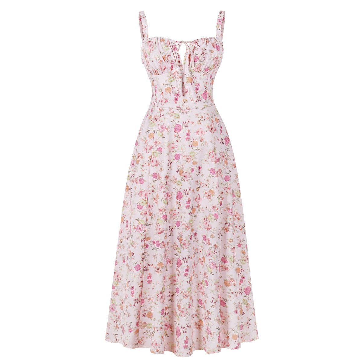 Printed Spaghetti Strap Dress with Corset Waist, Elegant Vintage Style, Wide Hem, Trendy Bestseller on Amazon