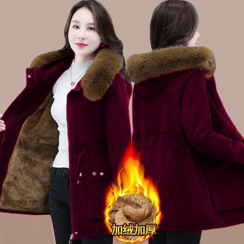 Cotton coat young mother winter parka mid-length new women's loose plus velvet lamb down thickened coat