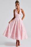 European and American Style V-Neck Halter Jacquard Dress, High-End Sleeveless Backless Evening Gown with Waist-Cinching Fit for Spring and Summer