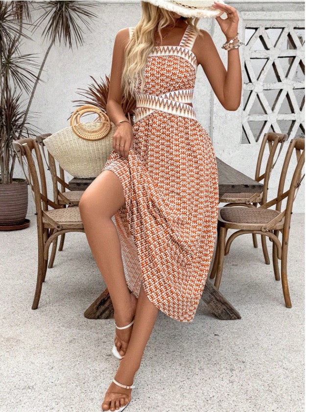2025 Summer New Style Tube Top Backless Suspender Dress Retro Printed Long Skirt Cross-Border Foreign Trade Amazon Style for Women
