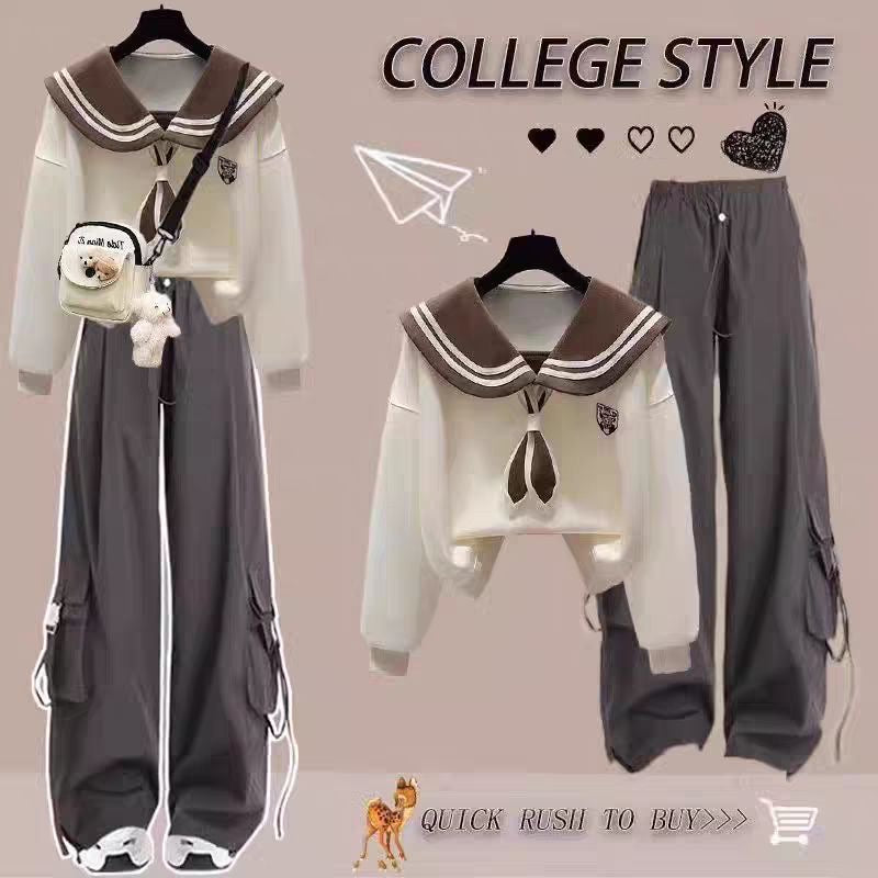 Fashion suit #contrast navy collar fake two-piece loose slim top with designer pocket casual pants