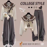 Fashion suit #contrast navy collar fake two-piece loose slim top with designer pocket casual pants