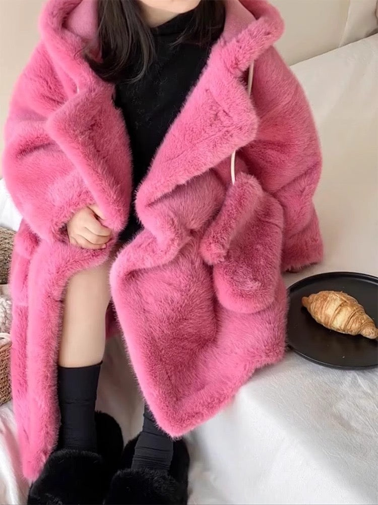 Girls fur coat mid-length thick hooded mink velvet coat warm stylish fur children's fur