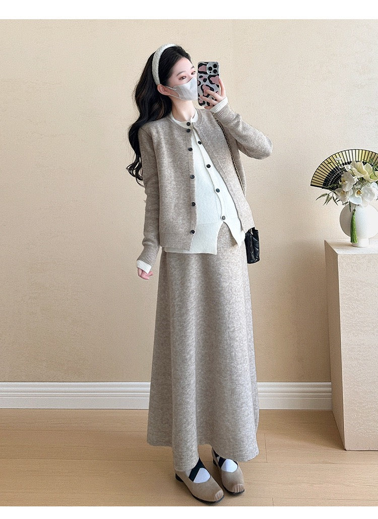 Pregnant women autumn and winter fashion new contrast color stitching knitted sweater + mid-length skirt temperament slim two-piece set