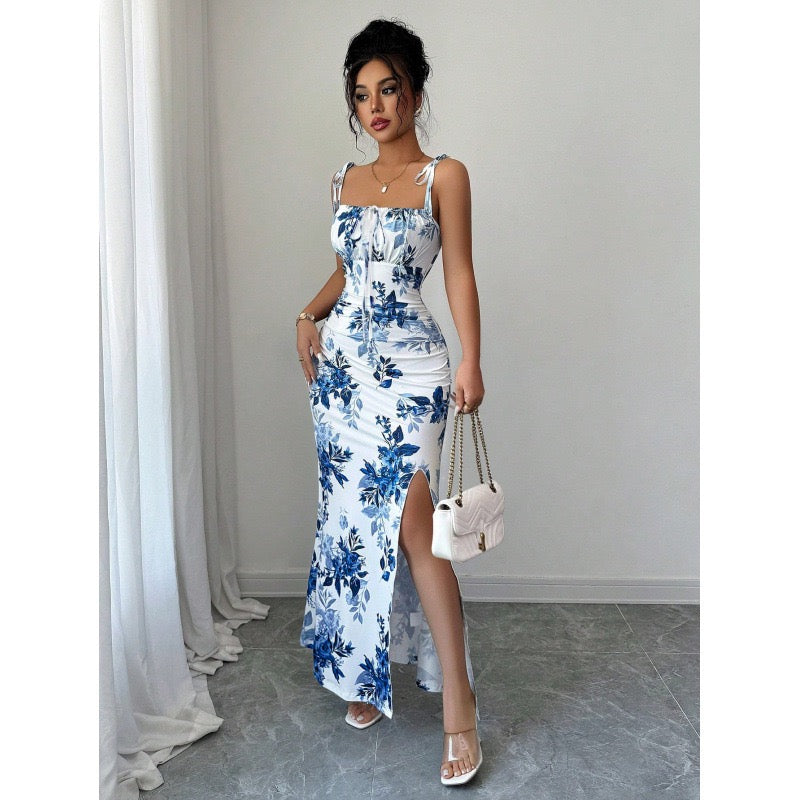 Women's Printed Thin Strap Waist-Cinching Slit Slip Dress, Evening Party and Vacation Wear, Women's Spring and Summer Elegant Clothing