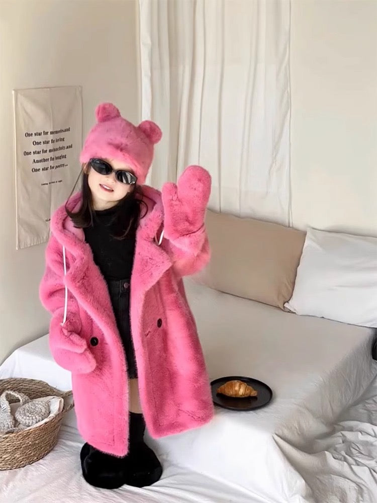 Girls fur coat mid-length thick hooded mink velvet coat warm stylish fur children's fur