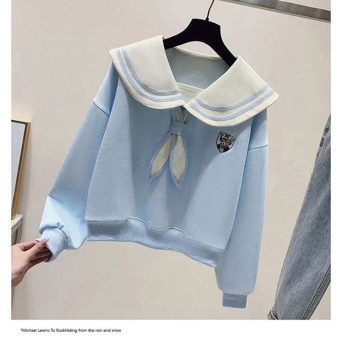Fashion suit #contrast navy collar fake two-piece loose slim top with designer pocket casual pants