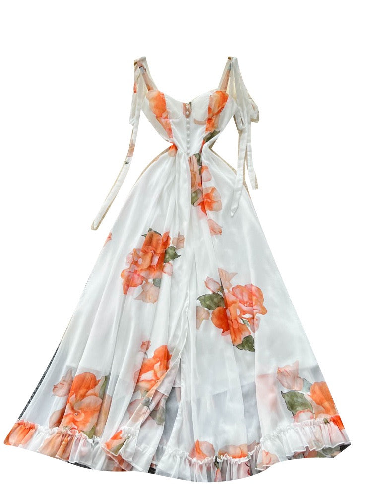 French Vacation Wear Dress for Women, Summer Design, Thoughtful Slit, Waist-Cinching, Elegant Suspender Printed Long Skirt