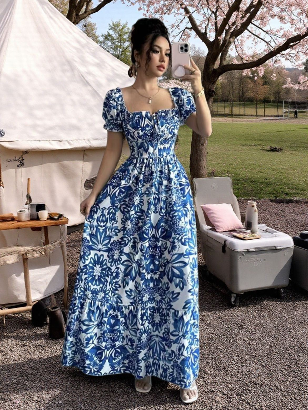 European and American Amazon Cross-Border Foreign Trade Women's Clothing New Elegant and Fashionable Printed Skirt Long Dress