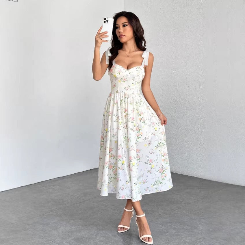 French-Style Gentle Holiday Style Sweet Girl Floral Suspender Dress Summer New Style Waist-Slimming High-End Dress Long Dress