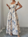 French Square Neck Dress, Waist Long Skirt, European and American Cross-Border New Summer Style