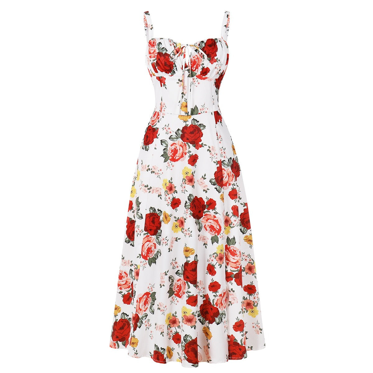 Printed Spaghetti Strap Dress with Corset Waist, Elegant Vintage Style, Wide Hem, Trendy Bestseller on Amazon