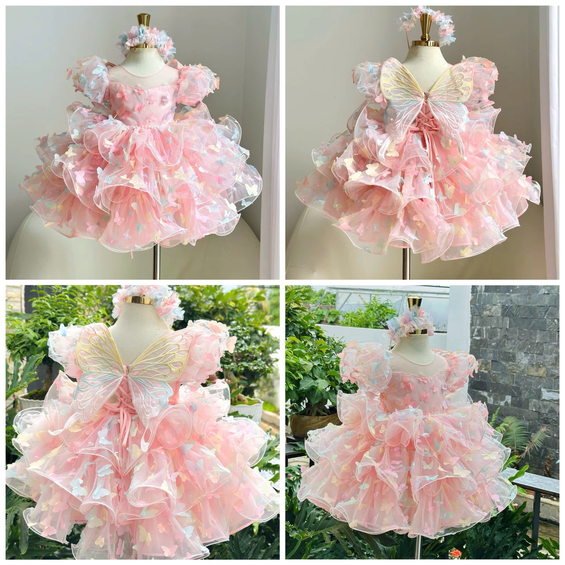 New Luxurious Niche One-Year-Old Girl's Dress with Solid Color Butterfly Accessories, Puff Sleeves, Comfortable and Cute Party Dress