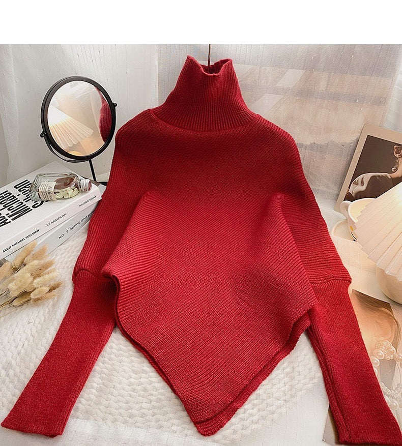 Irregular pullover high collar sweater for women in autumn and winter lazy style high texture loose outer wear soft glutinous knitted sweater thickened