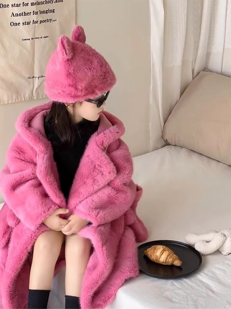 Girls fur coat mid-length thick hooded mink velvet coat warm stylish fur children's fur