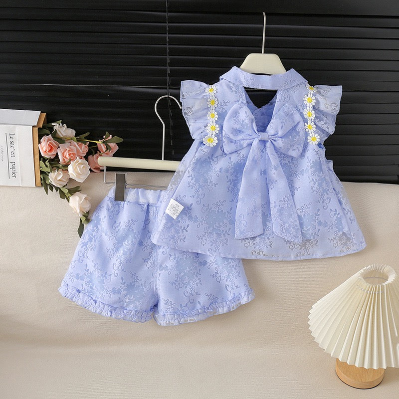 2-Piece Korean Style Single-Breasted Floral Lightweight Summer Dress Set for Girls with Delicate Flutter Sleeves