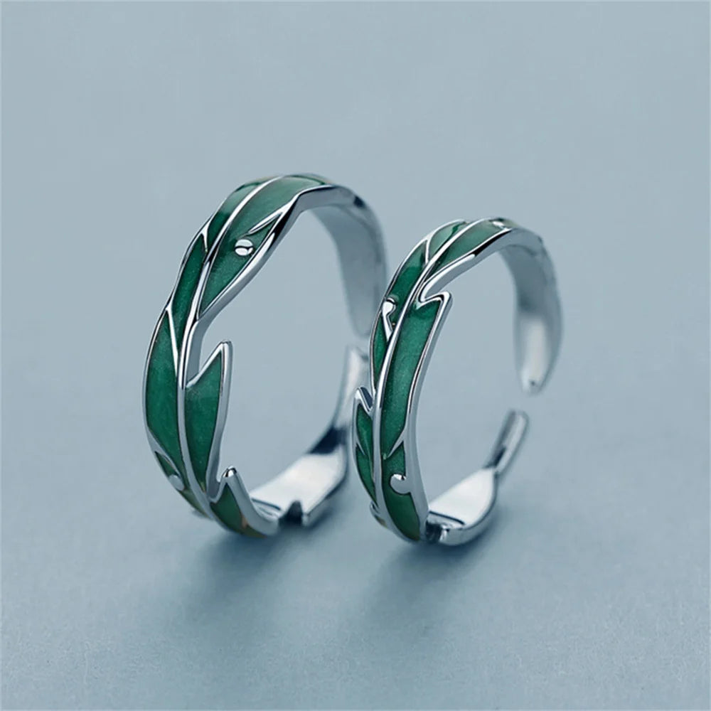 2pcs New Simple Irregular Green Leaves Couple Rings For Women Men Lover Silver Color Fashion Open Ring Romantic Wedding Jewelry