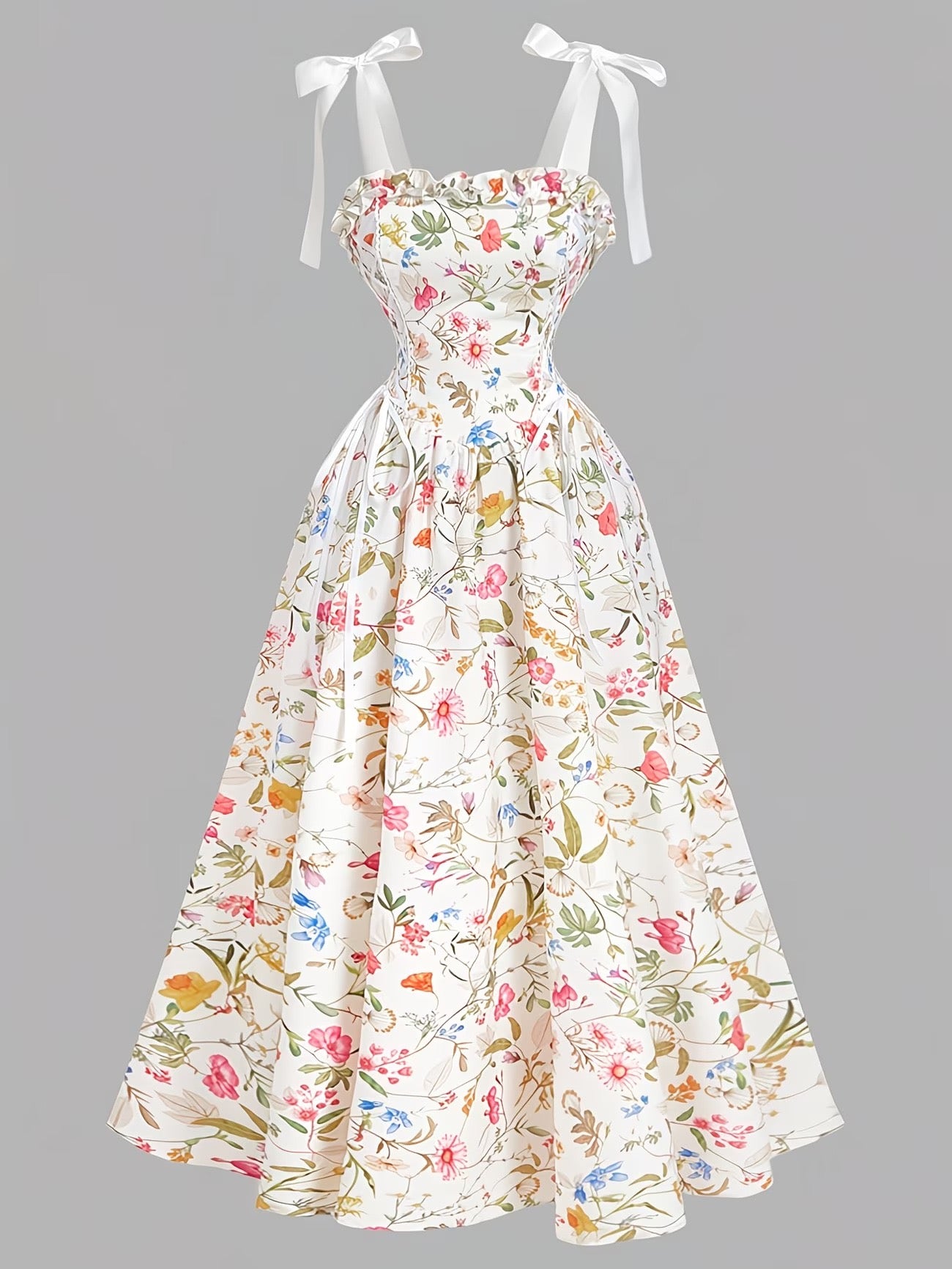 Sweet Floral Suspender Dress with Tie Straps, Waist-Cinching and Slimming Effect, Bow Shoulder Straps, Princess Dress, Elegant Retro Pastoral Style offer
